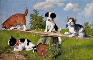 Ansichtskarte / Postkarte Drei Katzenkinder spielen mit Hund auf Baumstamm