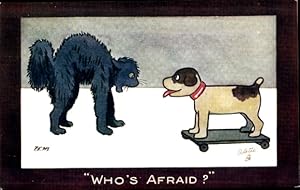 Künstler Ansichtskarte / Postkarte Katze hat Angst vor einem Hund-Spielzeug - Tuck 8488