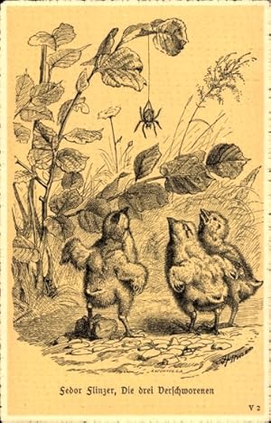 Künstler Ansichtskarte / Postkarte Fedor Flinzer, Die drei Verschworenen, Küken, Spinne