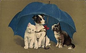 Ansichtskarte / Postkarte Hund und Katzen unter einem Schirm