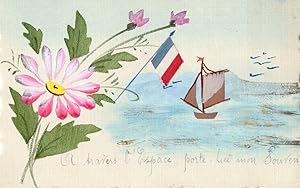 French Real Silk Flag By Boat Ship Old Postcard