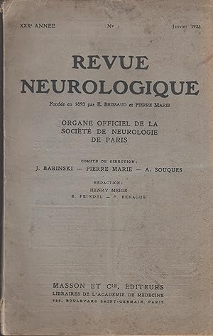 Image du vendeur pour Revue neurologique janvier 1923 mis en vente par PRISCA