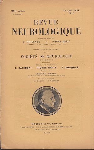 Image du vendeur pour Revue Neurologique 15 avril 1914 mis en vente par PRISCA