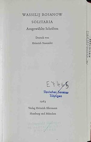 Bild des Verk�ufers f�r Solitaria : ausgew. Schr. zum Verkauf von books4less (Versandantiquariat Petra Gros GmbH & Co. KG)