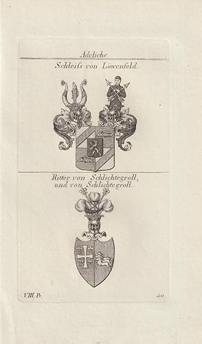 Seller image for Adeliche: Schleiss von L�wenfeld / Ritter von Schlichtegroll und von Schlichtegroll. Original-Kupferstich mit 2 Wappen. for sale by Antiquariat Dennis R. Plummer