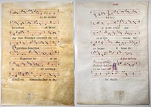 Bild des Verk�ufers f�r Large folio vellum sheet with several hand painted initial-letters. Out of an Antiphonary manuscript from the 15th century. / Seltenes, gro�es original Pergament-Blatt aus einer Antiphonar-Handschrift des 15. Jahrhunderts mit gro�en handgemalten Initialen mit Rankenwerk. zum Verkauf von Antiquariat Steffen V�lkel GmbH