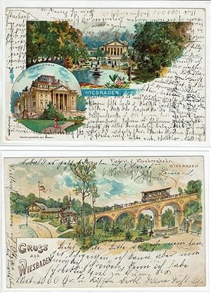 2 AK Gruss aus Wiesbaden. Viadukt der Nerobergbahn. / Kurpark mit Kurhaus und Königl. Schauspielhaus