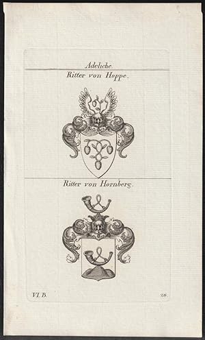 Bild des Verk�ufers f�r Adeliche: Ritter von Hoppe / Ritter von Hornberg. Original-Kupferstich mit 2 Wappen. zum Verkauf von Antiquariat Dennis R. Plummer