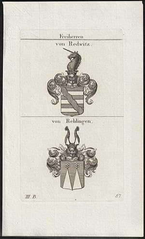 Bild des Verk�ufers f�r Freiherren von Redwitz / von Rehlingen. Original-Kupferstich mit 2 Wappen. zum Verkauf von Antiquariat Dennis R. Plummer