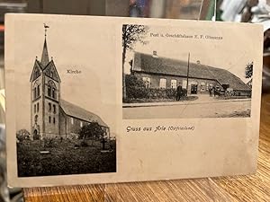 Ansichtskarte AK Gruß aus Arle (Ostfriesland) Kirche / Post- und Geschäftshaus E.F. Oltmans. Um 1...