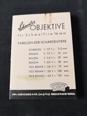 Imagen del vendedor de Schneider Objektive f�r Schmalfilm 16 mm: Tabellen der Sch�rfentiefe. a la venta por ANTIQUARIAT Franke BRUDDENBOOKS