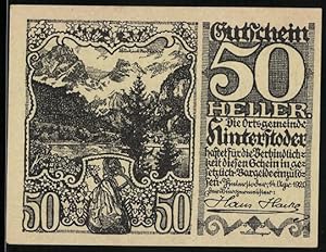 Bild des Verkufers fr Notgeld Hinterstoder 1920, 50 Heller, Berglandschaft und Wanderer, Text Rckseite zum Verkauf von Bartko-Reher