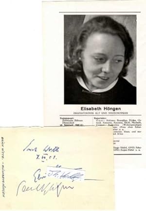 Seller image for ELISABETH H�NGEN (1906-97) deutsche Operns�ngerin (Mezzosopran), Professor, 1947 Ernennung zur �sterreichischen Kammers�ngerin, Ehrenmitglied der Wiener Staatsoper, Ehrenmedaille in Gold der Stadt Wien. Am 30. Juni 1944 war die K�nstlerin bei der letzten Auff�hrung vor der Zerst�rung der Wiener Staatsoper im Bombenkrieg als Waltraute in Richard Wagners G�tterd�mmerung auf der B�hne. H�ngen stand 1944 in der Gottbegnadeten-Liste des Reichsministeriums f�r Volksaufkl�rung und Propaganda. for sale by Herbst-Auktionen