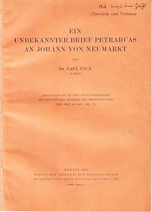 Seller image for Ein unbekannter Brief Petrarcas an Johann von Neumarkt. for sale by Antiquariat Krikl