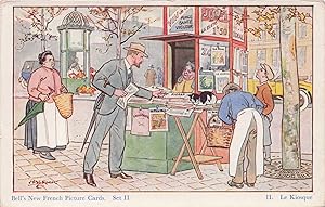French Newspaper Vendor Stall Antique Art Illustrator Postcard