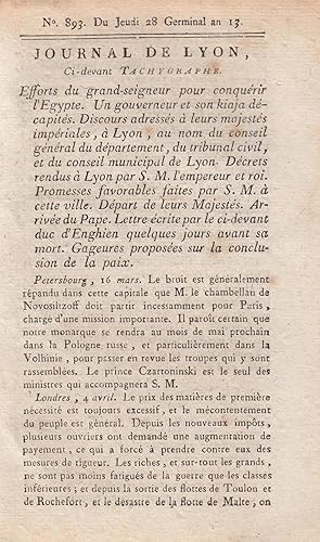 Seller image for Journal de Lyon ci-devant Tachygraphe jeudi 28 germinal an XIII for sale by Librairie Diona