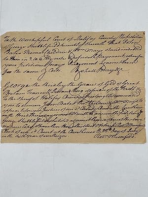 Bild des Verk�ufers f�r Petition for judgement and summons for failure to pay debts, brought by George Stubblefield against John Bates, Thomas Childree, and William Mays, in a manuscript document, signed "Robt. Munford", Halifax County Courthouse, 22 July [1766]; docketed on the verso. 1 sheet, 4 3/4 x 6 1/4 inches, laid paper. Folded, tanned, edges slightly worn, but the ink clear and unfaded zum Verkauf von Bartleby's Books, ABAA
