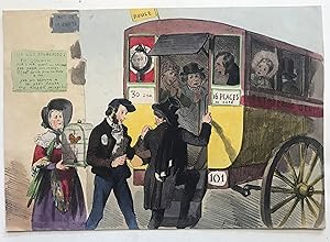 19th C French lithograph Handcolored - People on an Omnibus