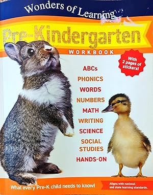 Seller image for Wonders of Learning Pre-Kindergarten Workbook (ABCs, Phonics, Words, Numbers, Math, Writing, Science, Social Studies, Hands On) with 2 pages of stickers for sale by Zoom Books Company
