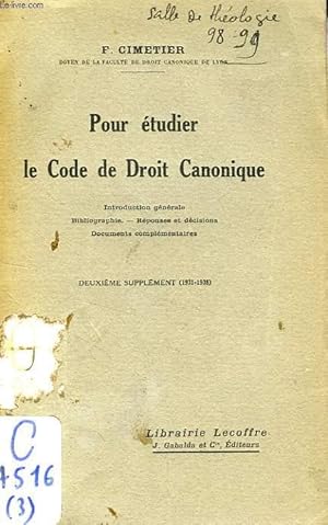 Seller image for POUR ETUDIER LE CODE DE DROIT CANONIQUE, 2e SUPPLEMENT for sale by Le-Livre