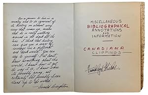 Bild des Verk�ufers f�r Miscellaneous Bibliographical Annotations and Information. Canadiana Clippings." A collection of" newspaper, magazine articles and many manuscript pages by Dr. Hicks. Alphabetically indexed, biographies and bibliographies of around 200 writers', historical figures of the Canadian maritime provinces. Research accumulated as reference by consummate bibliophile, Dr. Franklin Hicks (1924-2000). Outstanding literary figures include Ernest Buckler, James Cameron, John Inglis, Haliburton, William Morse, James De Mille (with extensive bibliography), Thomas Raddall and many more particularly obscure writers. Miscellaneous articles include a bibliography of Graphic Press of Ottawa, Eaton family, Howard Horwood, "Makers of Canadian Literature", Railways in Nova Scotia (bibliography), Robert Stanfield, Vinland Map zum Verkauf von J. Patrick McGahern Books Inc. (ABAC)