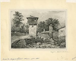 Antique Master Print-FRENCH-ETCHING-TOWER-RURAL-SCENE-Boglover-1833