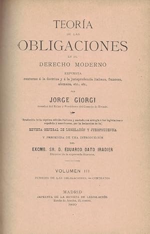 Seller image for TEOR�A DE LAS OBLIGACIONES EN EL DERECHO MODERNO. Tomo. III ( de 9) Fuentes de las obligaciones * contratos for sale by Librer�a Torre�n de Rueda