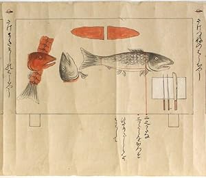 Illustrated manuscript scroll of Ogasawara-style raw fish preparation
