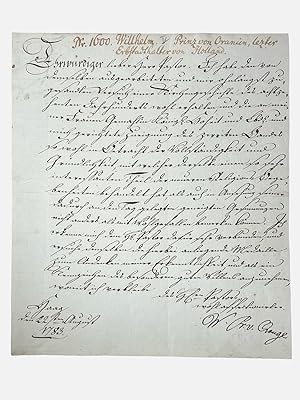 Imagen del vendedor de Autograph letter signed by William V (1748-1806), Prince of Orange and last Hereditary Stadholder of the Dutch Republic, dated 1783 during the fourth Anglo-Dutch War and growing crisis with the Patriot movement a la venta por The Plantagenet King ABA : ILAB : PBFA
