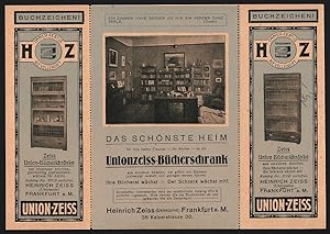 Vertreterkarte Frankfurt a. M., Heinrich Zeiss, Geschäft für Bücherschränke, Wohnzimmer mit Schrä...
