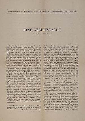Immagine del venditore per Eine Arbeitsnacht. (Geschrieben am 2. Dezember 1928 während der Arbeit an "Goldmund"). disponibile per la vendita da Antiquariat Hans Lindner ILAB Einzelunt.