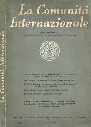 Von der Verkäuferin bzw. dem Verkäufer bereitgestelltes Bild für La comunità internazionale. Rivista trimestrale della Società Italiana per l'Organizzazione Internazionale. Vol. XIII, Gennaio 1958, N. 1 zum Verkauf durch Biblioteca di Babele