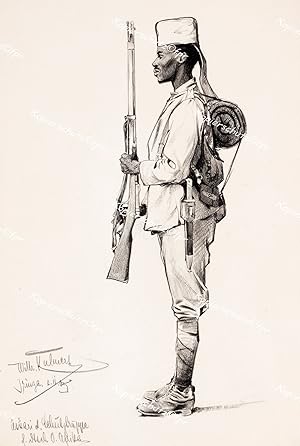 Imagen del vendedor de "Askari der Schutztruppe f�r Deutsch Ost-Afrika" hochwertiges Faksimile in Gicl�edruck mit schmalem, wei�en Rand auf 250g Schwarzwaldm�hle Kunstdruck-Karton (30x21cm) nach einer um 1910 erschienen Lithographie nach einer Zeichnung von Wilhelm Kuhnert a la venta por Kunsthandel & Antiquariat Magister Ru�