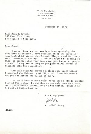 Imagen del vendedor de TYPED LETTER SIGNED by the former vice president of the Ford Foundation W. McNEIL LOWRY, about an error in City Center Producer Jean Dalrymple's book. a la venta por Blue Mountain Books & Manuscripts, Ltd.