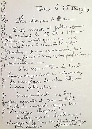 Bild des Verk�ufers f�r Lettre autographe sign�e zum Verkauf von Librairie Trois Plumes