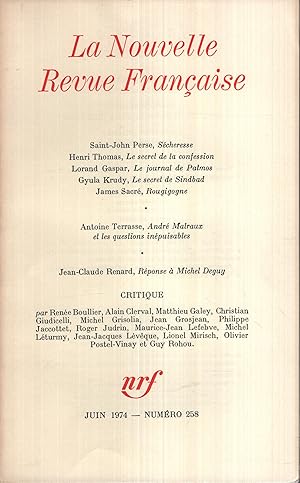 Bild des Verk�ufers f�r La Nouvelle Revue Fran�aise Juin 1974 N� 258 zum Verkauf von Librairie Diona