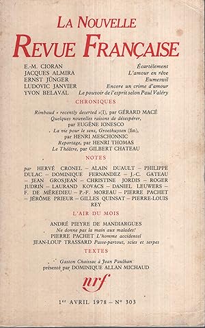 Imagen del vendedor de La Nouvelle Revue Fran�aise Avril 1978 N� 303 a la venta por Librairie Diona