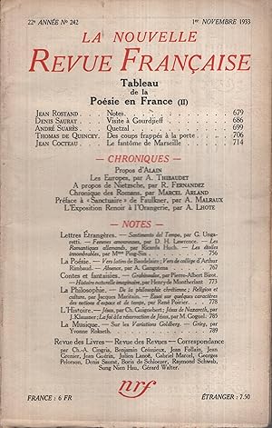Imagen del vendedor de La Nouvelle Revue Fran�aise Novembre 1933 N� 242 a la venta por Librairie Diona