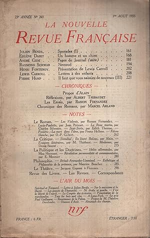 Seller image for La Nouvelle Revue Fran�aise Ao�t 1935 N� 263 for sale by Librairie Diona