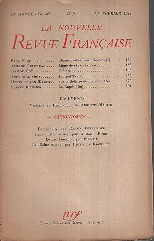 Imagen del vendedor de La Nouvelle Revue Fran�aise F�vrier 1943 N� 348 a la venta por Librairie Diona