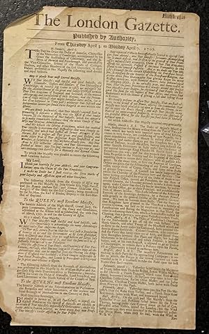 Image du vendeur pour Original April 3 to April 7 1707 London Gazette newspaper - Issue 4320 = 319 year old British newspaper mis en vente par Monkeyflower Books