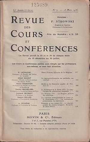 Immagine del venditore per Revue des Cours et Conf�rences. - 37� ann�e (1�re S�rie) - N� 7 - 15 Mars 1936. venduto da Librairie Diona