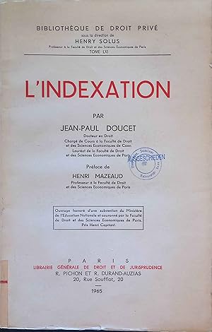 Seller image for L'indexation Bibliotheque de Droit Prive, Tome LXI. for sale by books4less (Versandantiquariat Petra Gros GmbH & Co. KG)
