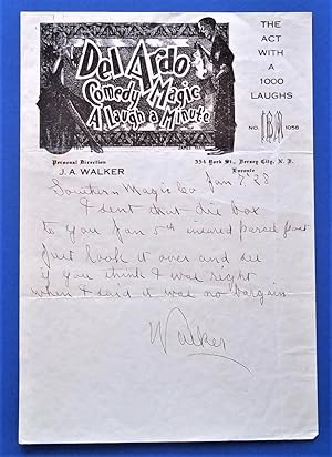 Seller image for Original Handwritten Letter (January 7, 1928) Signed By Agent J. A. Walker For The Del Ardo Magic Act (Jersey City, New Jersey) To The Southern Magic Company (Tampa, Florida) for sale by Bloomsbury Books