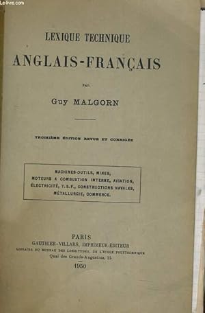 Seller image for LEXIQUE TECHNIQUE ANGLAIS-FRANCAIS for sale by Le-Livre