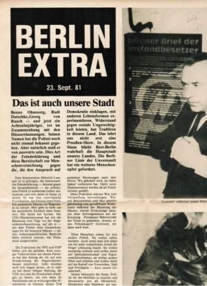 Berlin Extra 23. Sept. 81. (Sondermeldungen zu den Berliner Häuserräumungen und dem Tod des achtz...