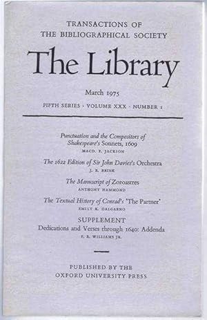 Seller image for The Transactions of the Bibliographical Society, The Library, Fifth Series, Volume XXX, Number 1 March 1975, for sale by Bailgate Books Ltd