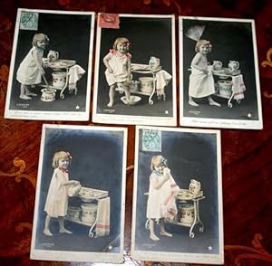 Bild des Verkufers fr Carte Postale Ancienne - LA TOILETTE DE BEBE. Srie de 5 cartes postales. zum Verkauf von JOIE DE LIRE