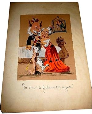 Bild des Verkufers fr Aquarelle originale 19 me sur papier contrecoll sur carton reprsentant une caricature del'Empereur Guillaume II & Augusta de PrusseI. Lgende "Les adieux de Guillaume et d'Augusta"- Non signe. zum Verkauf von JOIE DE LIRE