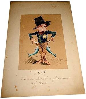 Bild des Verkufers fr Aquarelle originale 19 me sur papier contrecoll sur carton reprsentant une caricature de l'Empereur Napolon III. Lgende "1848 - Plus le sou ! Quelle dche ! Si j'allais retrouver Miss Homard"- Non signe. zum Verkauf von JOIE DE LIRE